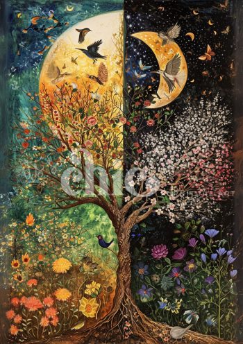 Decoupage Paper For Furniture A0/A1/A2/A3/A4 Beauty of Day and Night nature art, seasonal tree painting, night and day artwork, birds in art, floral landscape painting, vibrant nature illustration, tree of life art, whimsical nature scene, moon and sun art, wildlife and flora artwork