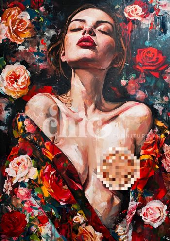 Decoupage Paper for Furniture A0A1/A2/A3 Floral Glamour portrait of a woman with flowers, expressive floral art, colourful feminine portrait, modern floral painting, vibrant portrait art, artistic female figure, contemporary floral artwork, bold feminine expression, rose-themed portrait, abstract floral femininity