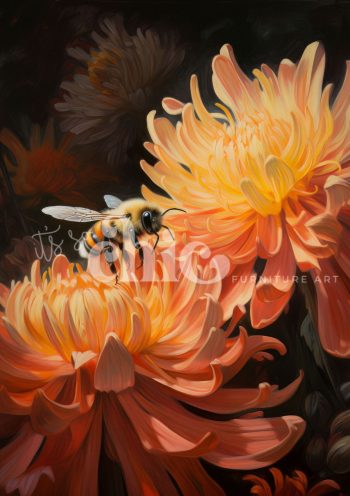 Decoupage Paper for Furniture A0A1/A2/A3 Bumble Blossom bee pollination artwork, orange flower painting, nature art prints, floral bee art, vibrant flower illustrations, botanical art with bees, contemporary nature artwork, pollinator art pieces, detailed flower paintings, bee and flower art