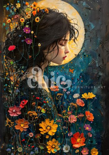 Decoupage Paper For Furniture A0/A1/A2/A3 Midnight Garden portrait of a woman with flowers, dreamy moonlit portrait, floral fantasy art, artistic moon and flowers, ethereal female portrait, vibrant floral artwork, whimsical moonlit scene, fantasy portrait art, nature-inspired portrait, enchanting floral fantasy