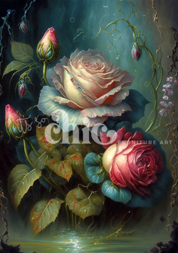 Decoupage Paper for Furniture A0/A1/A2/A3 Romantic Roses vibrant roses, floral artwork, mystical painting, botanical art, ethereal flowers