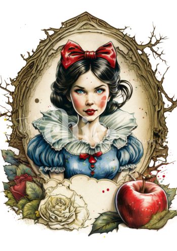Decoupage Paper For Furniture A0/A1/A2/A3 A Rose Among Thorns portrait of Snow White, vintage fairy-tale illustration, apple and rose art, whimsical character portrait, enchanted forest theme, magical realism artwork, classic fairy-tale imagery, illustrated fairy-tale characters, fantasy portrait art, storybook illustration