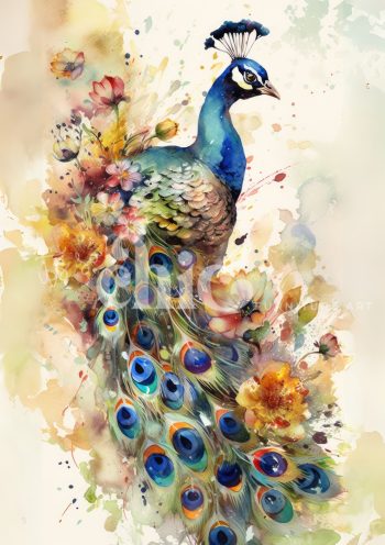 Decoupage Paper For Furniture A0/A1/A2/A3 Peacock's Flourish vibrant watercolour artwork, majestic peacock and delicate flowers, colourful floral peacock