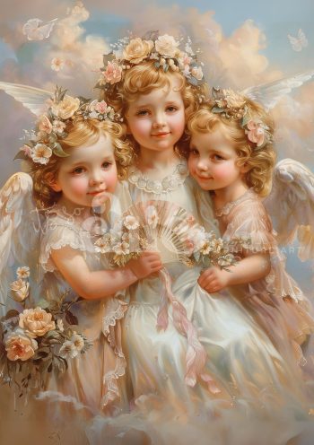 Decoupage Paper For Furniture A0/A1/A2/A3/A4 Angelic Embrace cherubs, pastel artwork, vintage style, whimsical decor, childlike innocence