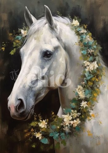 Decoupage Paper For Furniture A0/A1/A2/A3/A4 Equine Serenity white horse painting, floral horse art, elegant equine artwork, classical horse portrait, artistic horse painting, floral wreath horse, modern horse art, horse and flowers painting, equestrian wall art, contemporary floral equine art