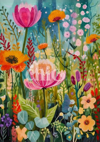 Decoupage Paper For Furniture A0/A1/A2/A3 Whimsical Blooms whimsical flowers, vibrant artwork, floral illustration, nature decor, colourful painting