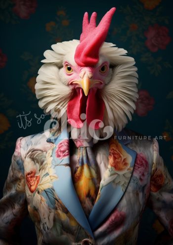 Decoupage Paper For Furniture A0/A1/A2/A3/A4 Dapper Clucker anthropomorphic chicken whimsical chicken, floral suit art, quirky portrait, unique artwork, vibrant decor