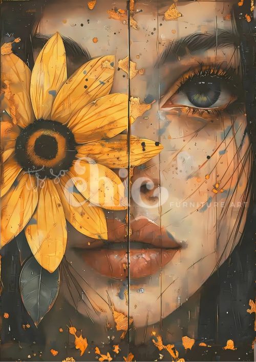 Decoupage Paper For Furniture A0/A1/A2/A3/.A4 Blooming Expressions portrait art, sunflower artwork, emotional expression, vibrant colours, contemporary art