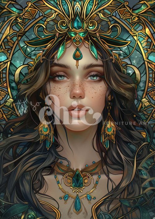 Decoupage Paper For Furniture A0/A1/A2/A3 Emerald Elegance fantasy portrait, ornate jewels, intricate artwork, feminine beauty, decorative art