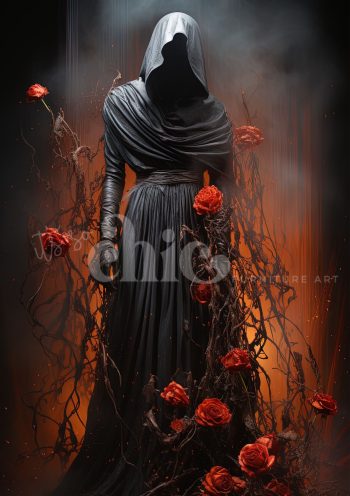 Decoupage Paper For Furniture A0/A1/A2/A3 Death & Roses gothic art, dark roses, emotional artwork, mysterious figure, floral fantasy