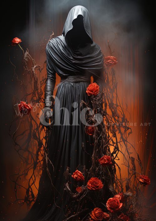 Decoupage Paper For Furniture A0/A1/A2/A3 Death & Roses gothic art, dark roses, emotional artwork, mysterious figure, floral fantasy