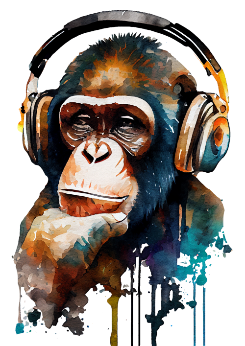 Watercolour portrait of a chimpanzee wearing headphones, with wide open eyes, surrounded by dynamic splashes of colour in red, blue, yellow, and purple against a light background.
