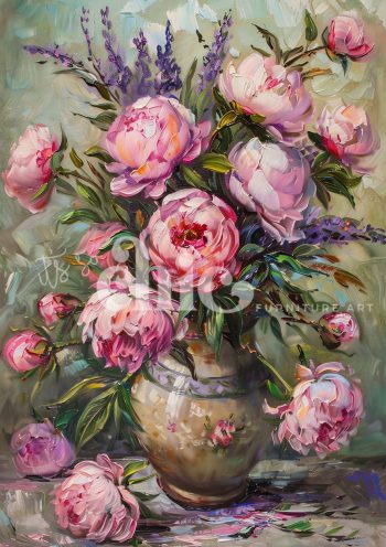 Decoupage Paper For Furniture A0/A1/A2/A3/A4 Peonies and Lavender peony painting, floral artwork, vibrant decor, still life, botanical art