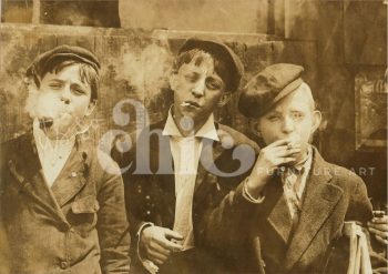 A vintage-style painting of three young boys in early 20th-century clothing, standing together in an industrial setting. One holds a cigarette, while the others look on with serious, worn expressions.