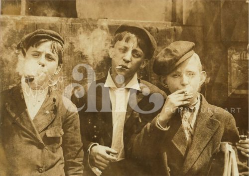 A vintage-style painting of three young boys in early 20th-century clothing, standing together in an industrial setting. One holds a cigarette, while the others look on with serious, worn expressions.
