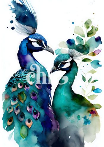 A watercolour painting of two peacocks standing tall with richly coloured plumage in blue, green, and gold, set against a faded botanical background with vintage textures.