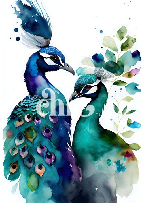 A watercolour painting of two peacocks standing tall with richly coloured plumage in blue, green, and gold, set against a faded botanical background with vintage textures.