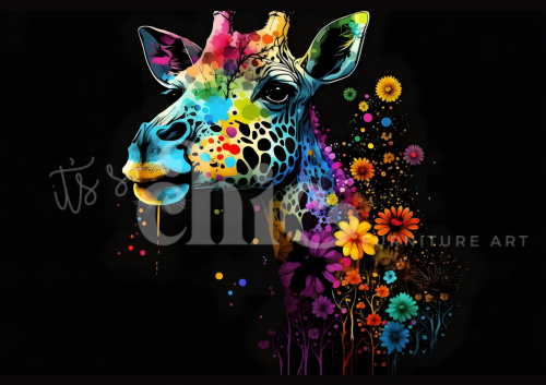 A striking, colourful painting of a giraffe’s head partially submerged in vibrant flowers, with bold brushstrokes and rich colors blending animal and botanical elements against a dark background.