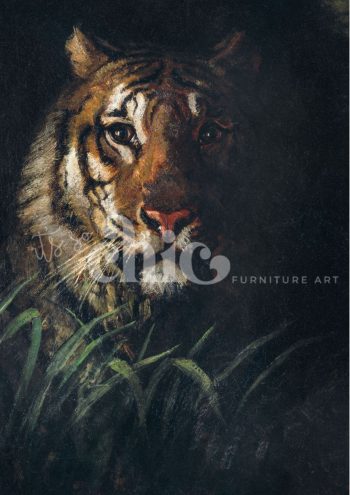 A realistic painting of a tiger emerging from darkness, its face framed by lush green foliage and illuminated by soft light, emphasizing its amber eyes and vivid fur.