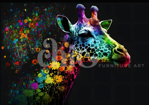 "Vibrant artwork of a giraffe in rainbow colours with floral patterns, set against a black background."