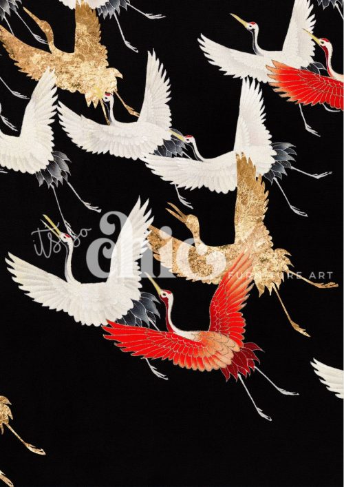 A painting of elegant cranes in mid-flight with white feathers, golden wing tips, and red crowns, set against a deep black background with gold highlights.