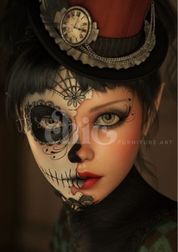 A steampunk-style red hat adorned with brass gears, gold feathers, and a vintage clock, suggesting a sugar skull theme with floral and metallic elements against a dark background.
