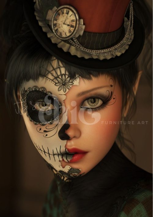 A steampunk-style red hat adorned with brass gears, gold feathers, and a vintage clock, suggesting a sugar skull theme with floral and metallic elements against a dark background.