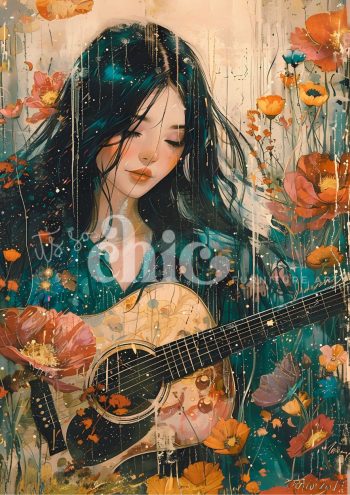 Decoupage Paper For Furniture A0/A1/A2/A3/A4 Floral Melodies floral portrait, music art, emotional artwork, nature painting, vibrant colours