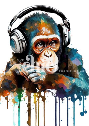A vivid watercolour painting of a chimpanzee with eyes open, wearing headphones, surrounded by splashes of purple, blue, red, and yellow in a dynamic, abstract style.