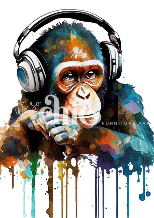 A vivid watercolour painting of a chimpanzee with eyes open, wearing headphones, surrounded by splashes of purple, blue, red, and yellow in a dynamic, abstract style.
