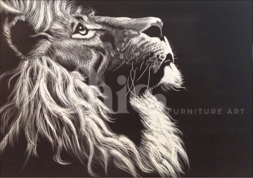 A sepia-toned painting of a lion in profile with a flowing mane, looking upward into soft light. Rich browns and warm shadows create a nostalgic, majestic atmosphere.