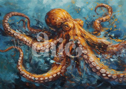 A stylised painting of an octopus flowing through swirling blue and amber waters, its tentacles stretched in graceful arcs. Rich textures suggest quiet motion and deep-sea mystery.