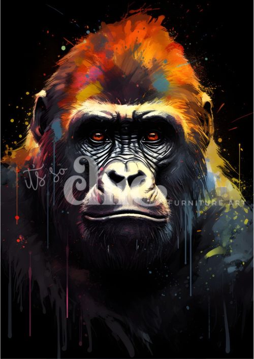 A powerful portrait of a gorilla with an intense gaze, engulfed in vivid, fiery splashes of red, orange, and yellow paint. The dramatic backdrop enhances the raw energy and primal emotion of the piece, evoking strength and natural resilience.