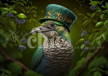 A bird with emerald and grey feathers wearing a green top hat with gold accents, perched amid lush greenery and white blossoms in an ornate, whimsical composition.