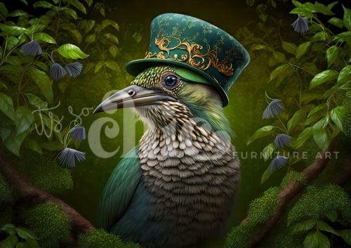 A bird with emerald and grey feathers wearing a green top hat with gold accents, perched amid lush greenery and white blossoms in an ornate, whimsical composition.