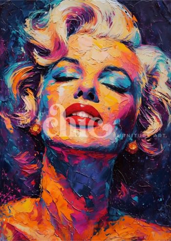 A radiant portrait inspired by Marilyn Monroe, featuring a woman with vivid neon makeup in pink, blue, and yellow tones, glowing with confident charm and modern glamour.