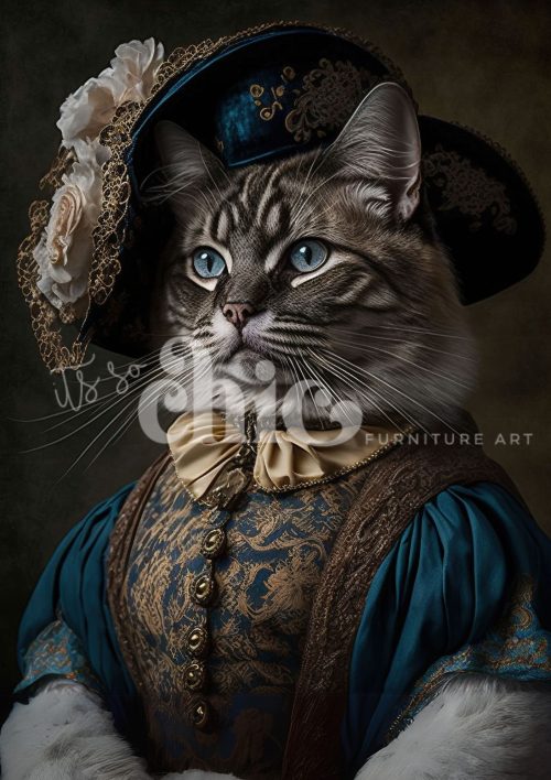 A regal cat with blue eyes dressed in vintage aristocratic attire including a gold-trimmed vest, teal sleeves, a golden bow tie, and an ornate hat decorated with lace and flowers