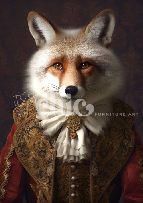 A sophisticated fox dressed in ornate aristocratic clothing, featuring a red and gold embroidered jacket and a white ruffled cravat