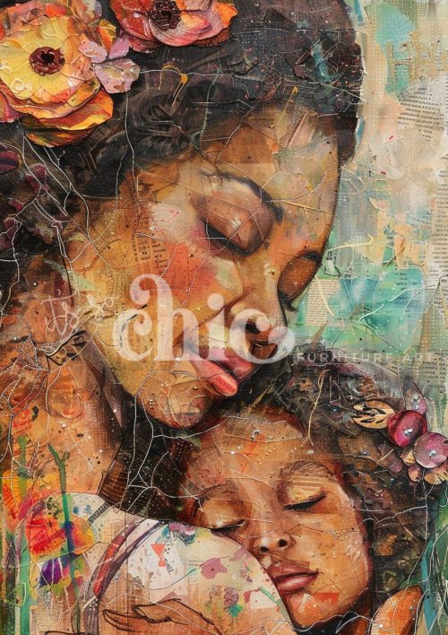 A mixed media artwork featuring a mother and daughter seated closely among blooming florals and layered textures in soft pinks and greens, symbolising nurturing and generational love.