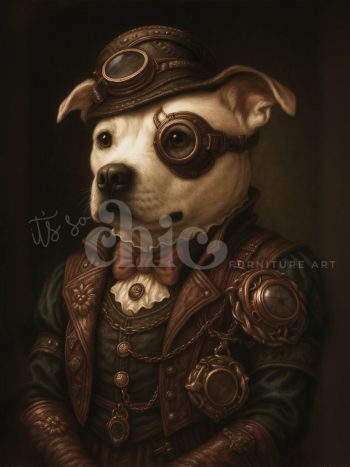 A stylish portrait of a Staffie dog wearing a steampunk-inspired outfit, including a leather vest, brass gears, a bow tie, and vintage goggles.
