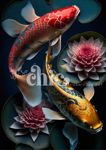 A painted artwork of two koi fish—one red, one golden—swimming among pink lotus flowers and green lily pads in a tranquil water setting