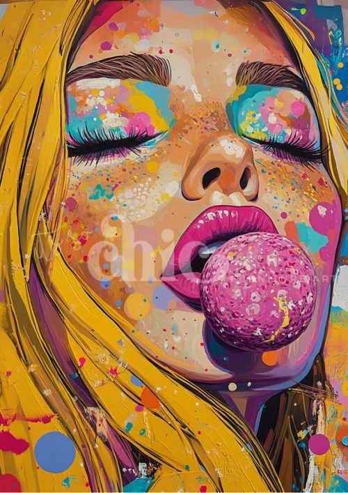 A colourful portrait of a young woman blowing bubblegum, with vivid makeup in pink, blue, and orange hues that radiate playful rebellion and pop-art charm.