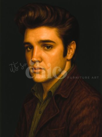 A stylized portrait of a figure in a rich brown jacket and shirt, with a voluminous hairstyle, set against a dark background evoking vintage elegance and Elvis-inspired charm.