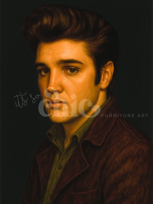 A stylized portrait of a figure in a rich brown jacket and shirt, with a voluminous hairstyle, set against a dark background evoking vintage elegance and Elvis-inspired charm.