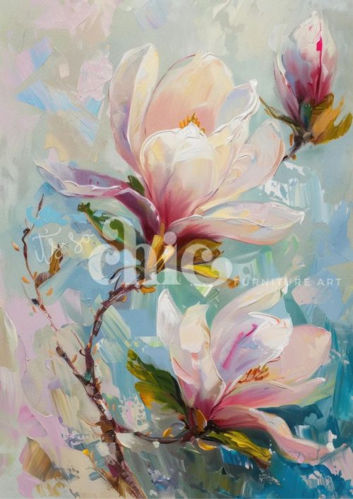 A painting of three magnolia blossoms with soft pink, white, and lavender petals, set against a pastel-toned abstract background.