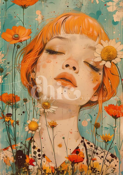 A vibrant painting of a woman with orange hair surrounded by red poppies and white daisies on a turquoise background.