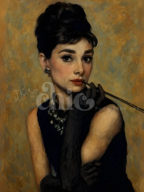 A stylized portrait inspired by Audrey Hepburn in Breakfast at Tiffany’s, featuring a woman with an elegant updo, pearl accessories, and classic vintage styling against a moody background.