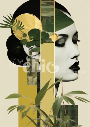 Abstract painting titled “Golden Harmony” featuring green leaves, gold leaf accents, and geometric shapes on a black background.