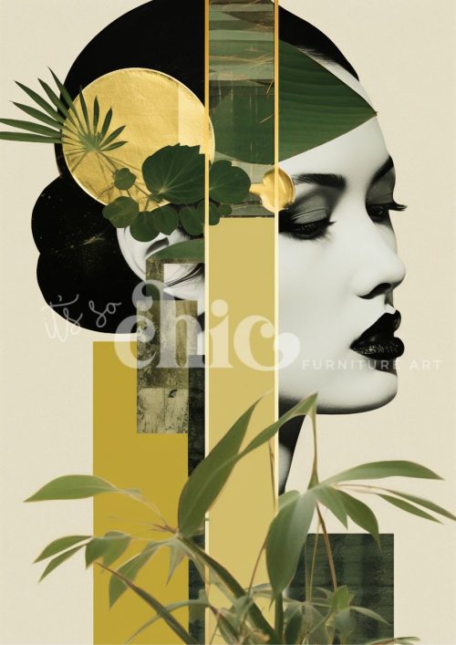 Abstract painting titled “Golden Harmony” featuring green leaves, gold leaf accents, and geometric shapes on a black background.