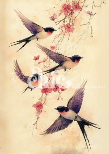A serene painting of three swallows in mid-flight among pink cherry blossoms on a neutral beige background.